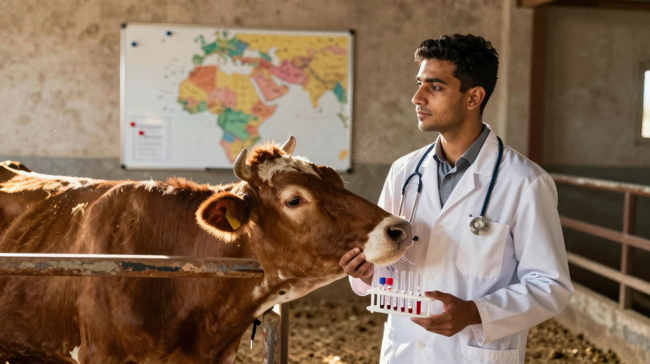 Vétérinaire en blouse blanche tenant des éprouvettes près d'une vache dans une étable avec une carte du monde en arrière-plan
