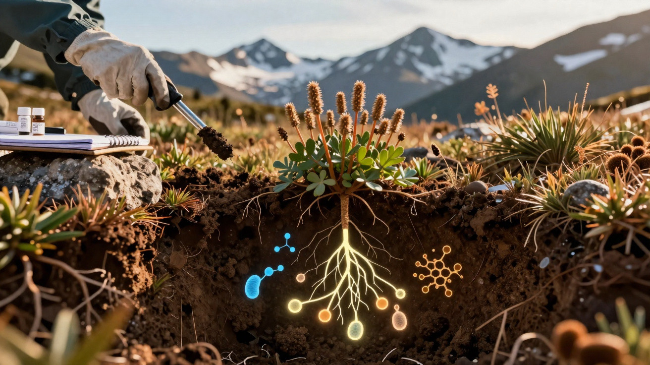 Recherche scientifique sur les racines d'une plante en milieu montagneux avec illustration des interactions microbiennes.