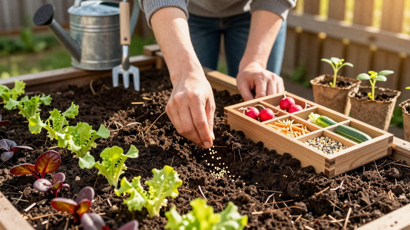 Mains semant des graines dans un carré potager avec légumes et graines à côté, arrosoir en arrière-plan.