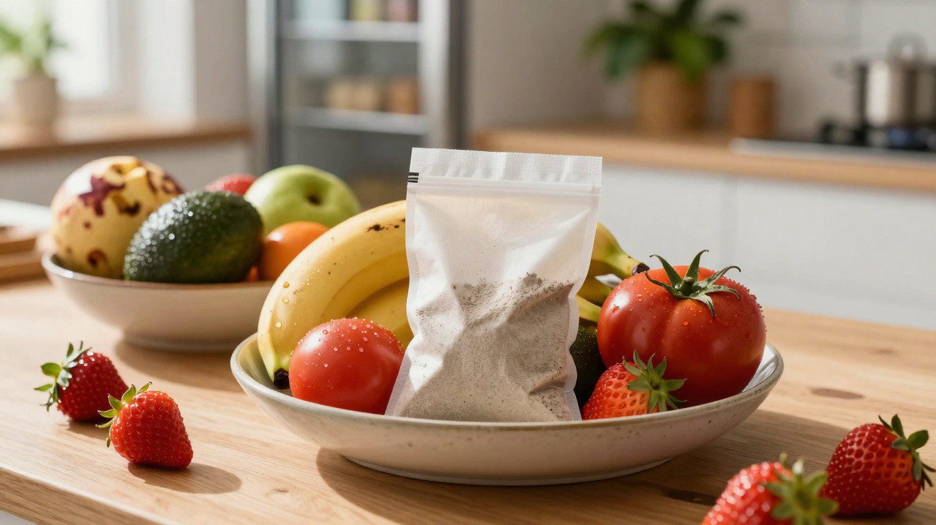 Assortiment de fruits frais et sachet transparent de poudre sur une assiette posée sur une table en bois.
