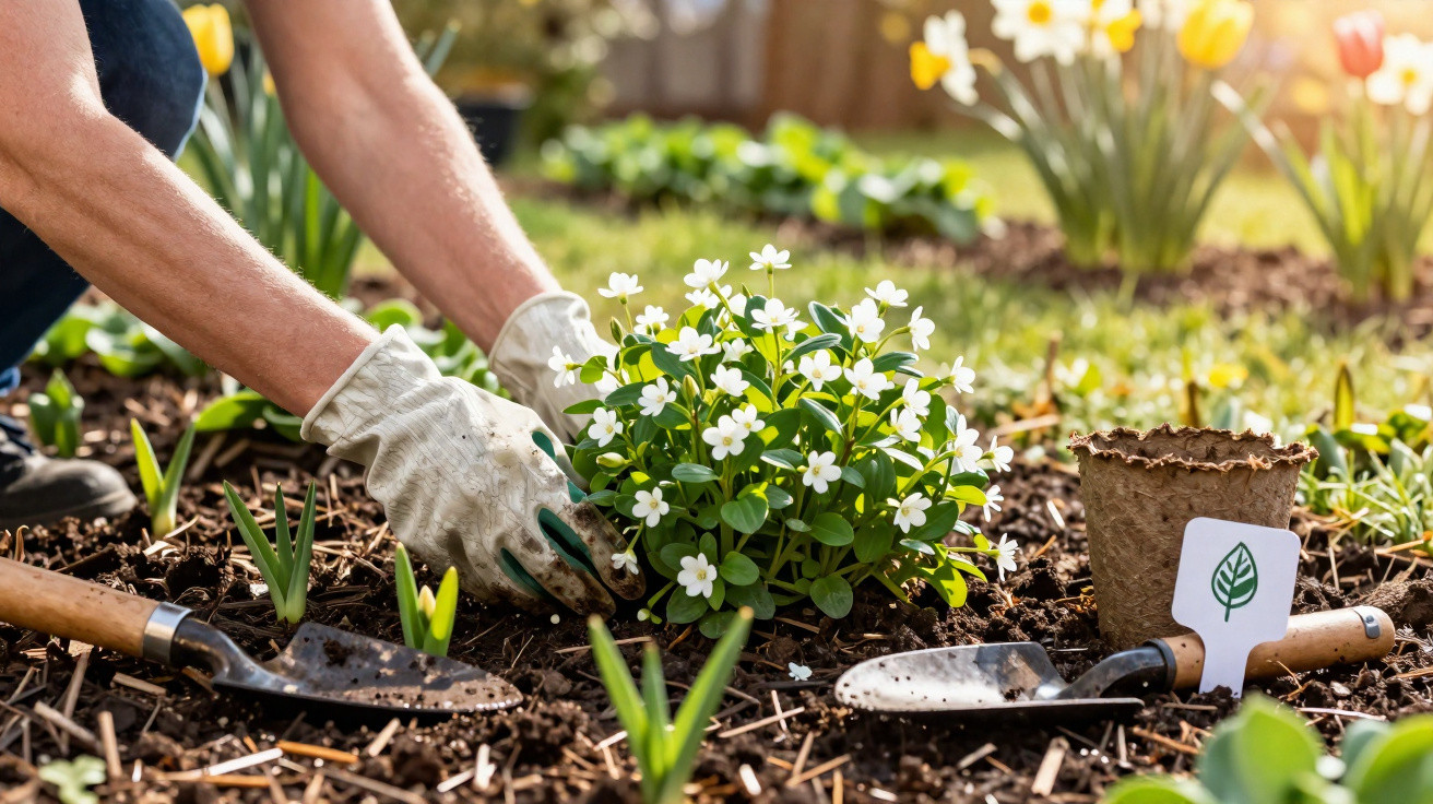 Personne plantant des fleurs blanches dans un jardin ensoleillé avec des gants de jardinage et des outils.
