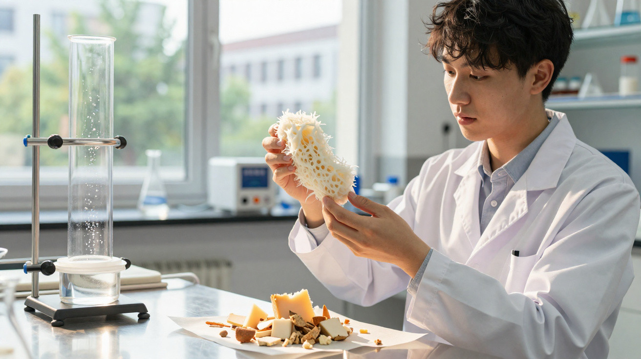 Jeune scientifique en blouse blanche étudiant une structure poreuse dans un laboratoire lumineux.