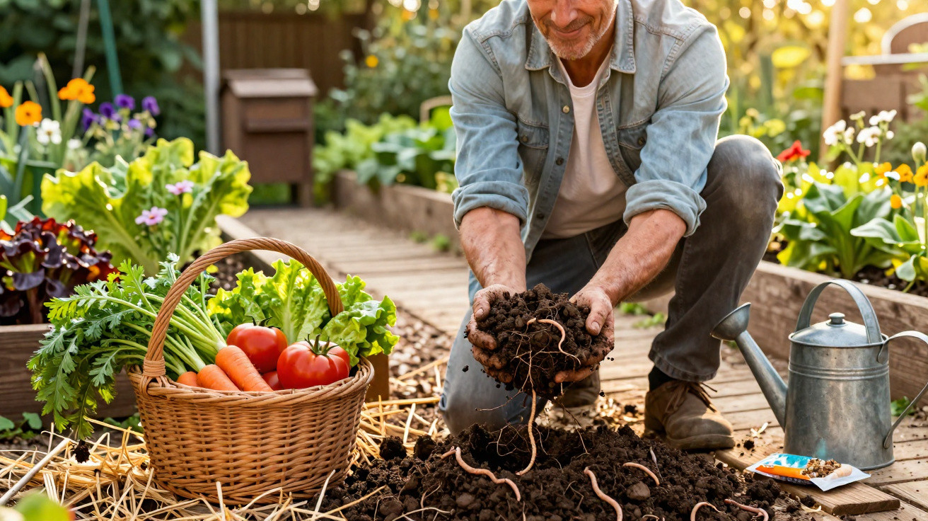Homme jardinant, tenant de la terre avec des vers, panier de légumes frais et arrosoir à côté.