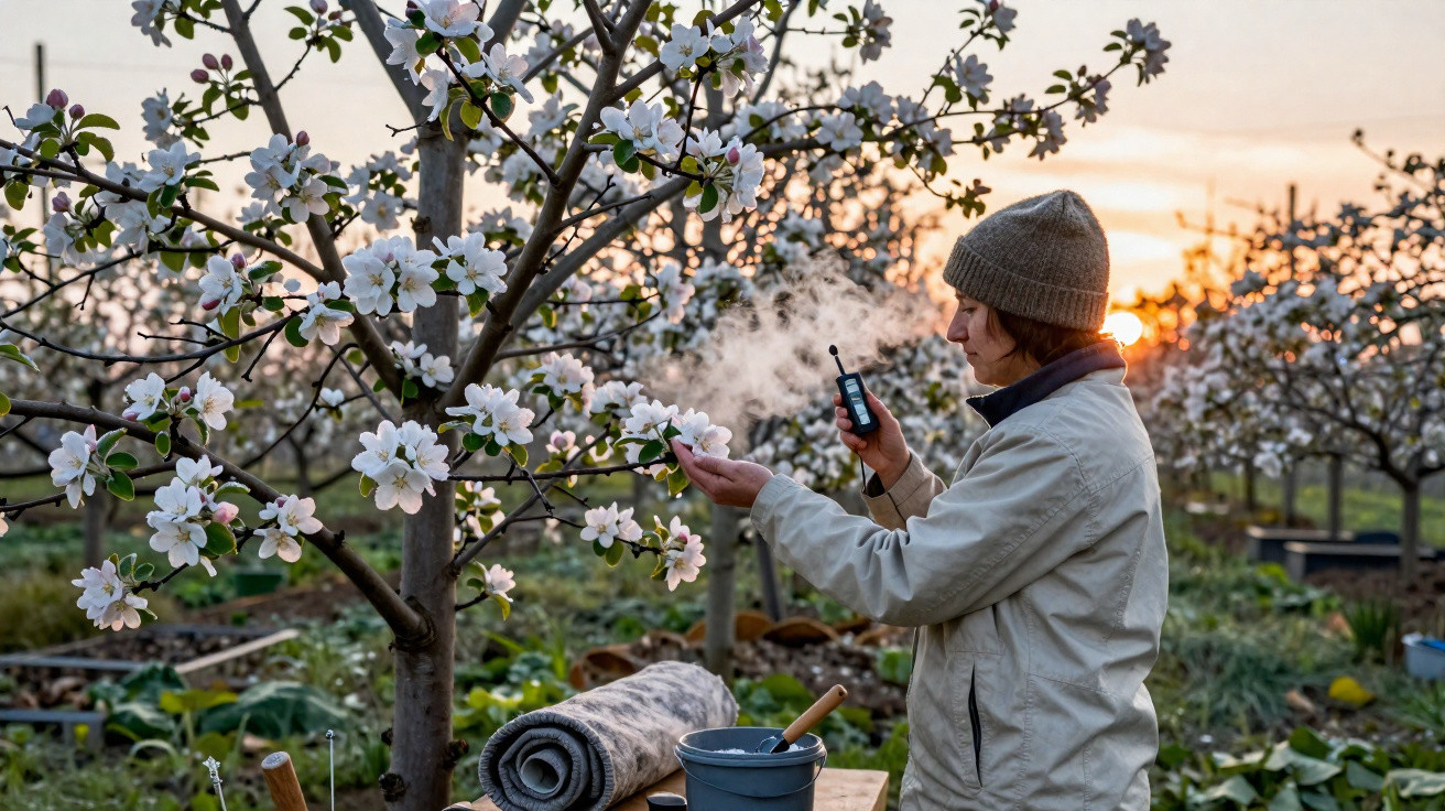 Agricultrice en veste et bonnet inspecte fleurs d’arbres fruitiers en pleine floraison au lever du soleil.