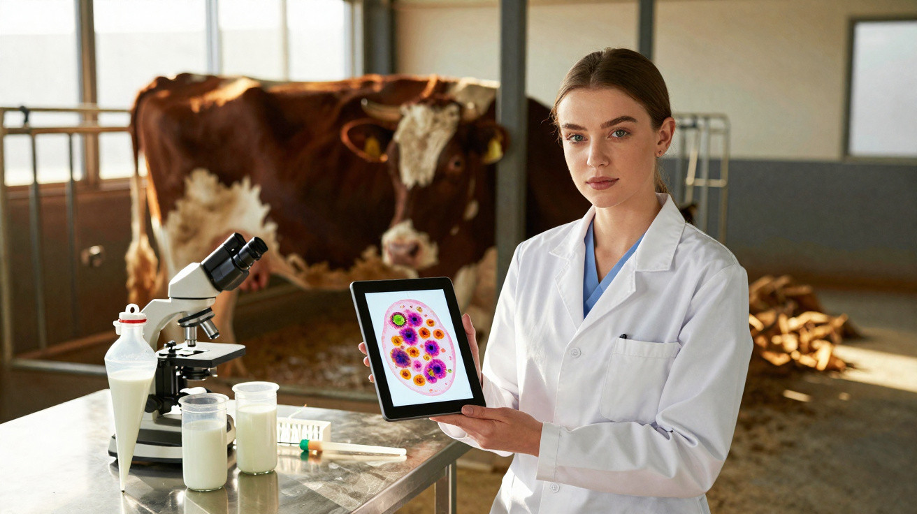 Vétérinaire en blouse blanche montre une tablette avec image microscopique devant une vache dans une ferme.