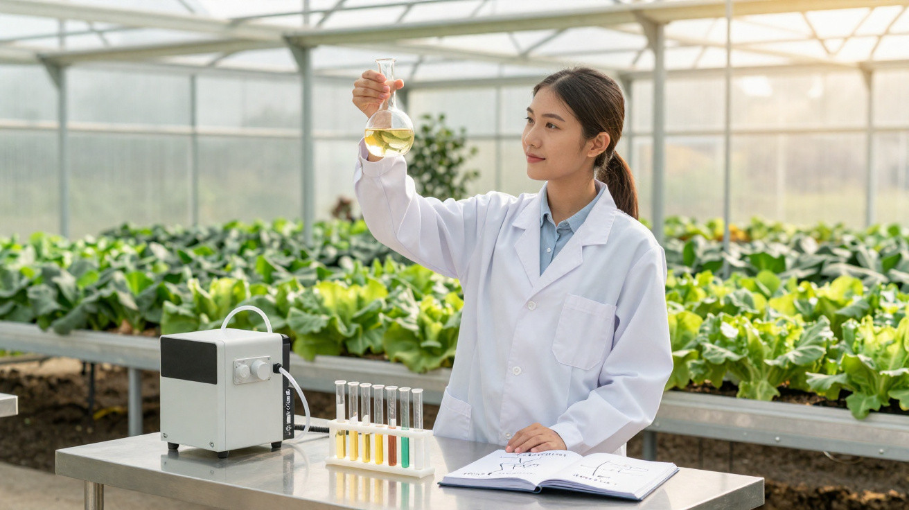 Scientifique en blouse blanche examinant un liquide dans une serre avec des plantes vertes en arrière-plan.