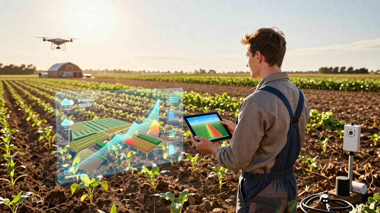 Agriculteur utilisant une tablette pour surveiller un drone et les cultures dans un champ connecté.