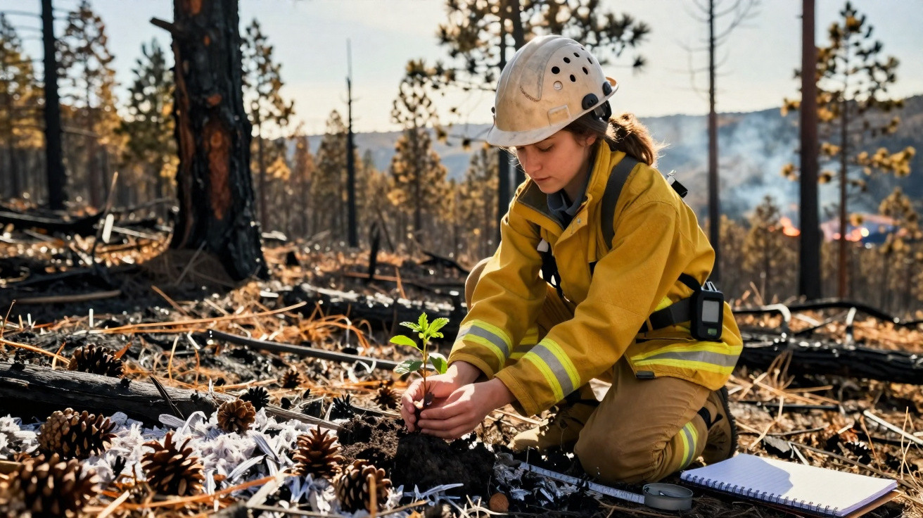 Jeune pompier en tenue protégé replante un arbre dans une zone brûlée en forêt après un incendie.