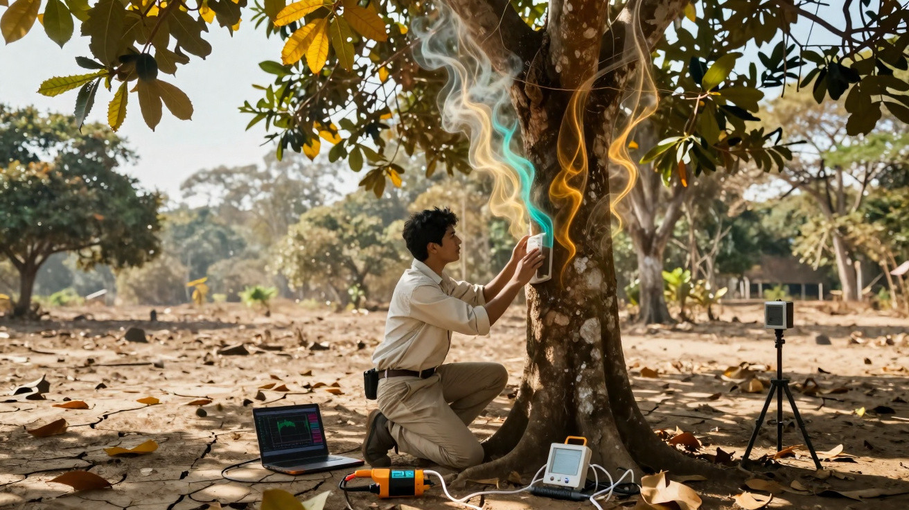 Un homme collecte de la sève d'arbre avec des appareils électroniques et un ordinateur portable en forêt.