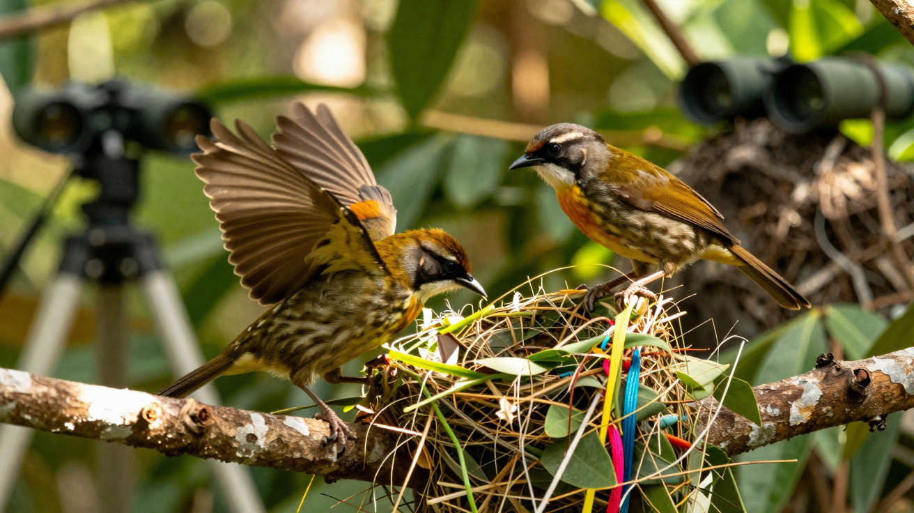 Deux oiseaux colorés interagissent autour d'un nid suspendu dans un arbre au milieu de feuillage vert.