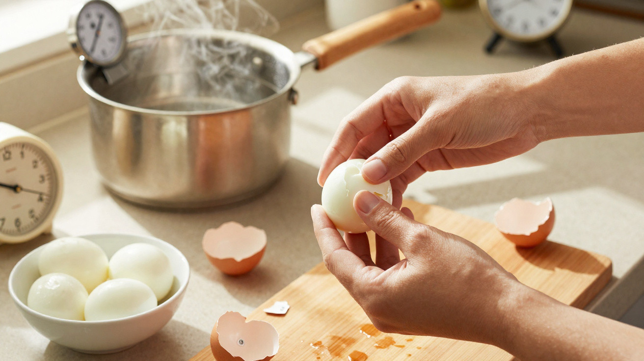 Personne épluchant un œuf dur sur une planche en bois, casserole fumante et minuteurs en arrière-plan.