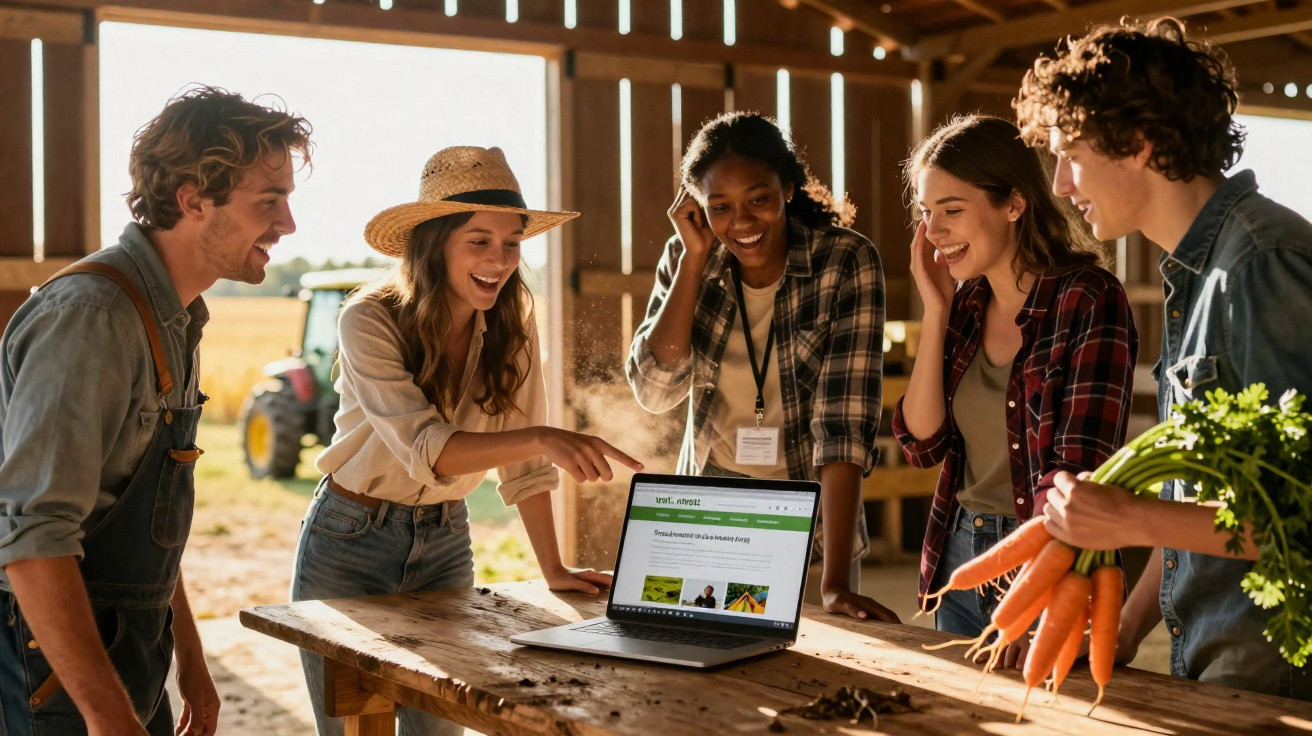 Quatre jeunes souriants regardent un ordinateur portable sur une table en bois dans une grange avec des carottes.