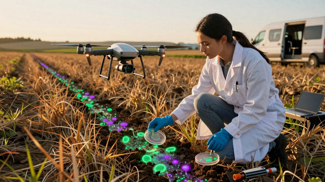 Chercheuse en blouse blanche et gants bleus utilisant un drone et des boîtes de pétri dans un champ agricole.