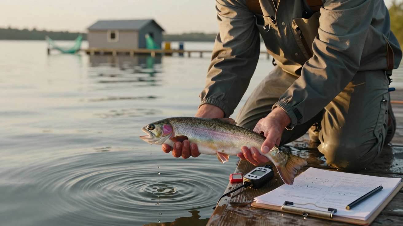 Personne tenant un poisson fraîchement pêché au bord d'un lac avec cahier et stylos sur un ponton en bois.