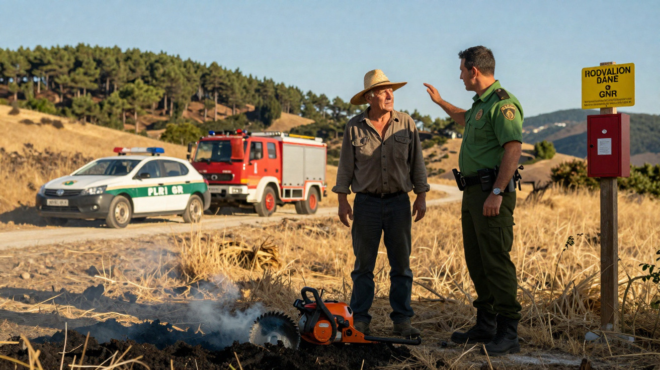Un pompier et un agriculteur discutent près d'une tronçonneuse et d'une zone brûlée, avec un camion de pompiers et une voitur