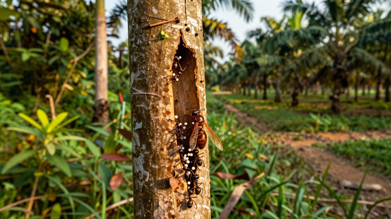 Fourmis noires et guêpe sur un tronc d’arbre dans un paysage tropical verdoyant.