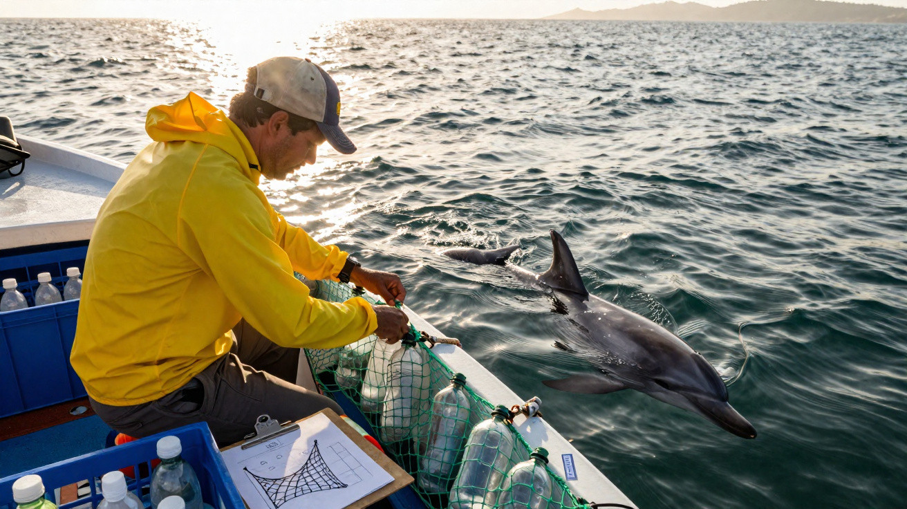 Homme en ciré jaune sur un bateau manipulant un filet en plastique avec des dauphins nageant à côté.