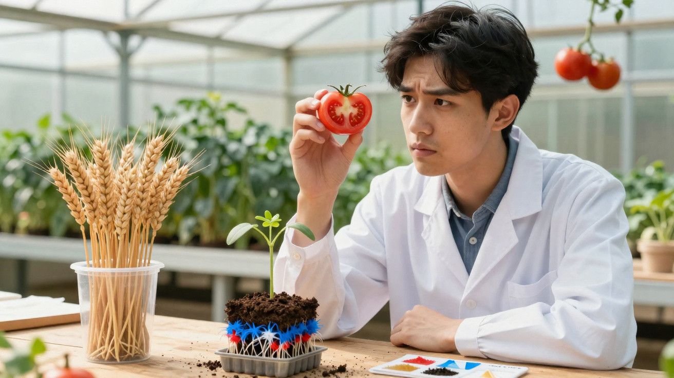 Jeune scientifique en blouse blanche examinant une tomate tranchée dans une serre, avec plantes et échantillons sur la table.