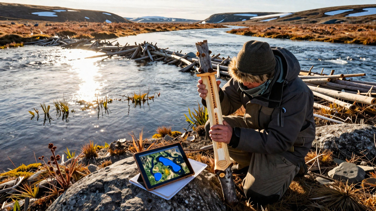 Personne en tenue d’hiver manipule un instrument en bois près d’une rivière avec une tablette affichant une carte.