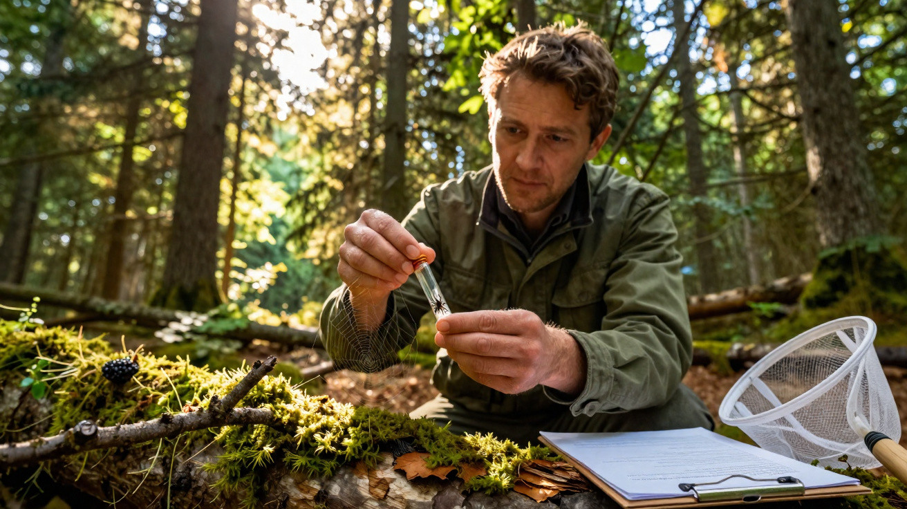 Homme en tenue de terrain analysant un échantillon en forêt, avec un filet et un carnet à côté.