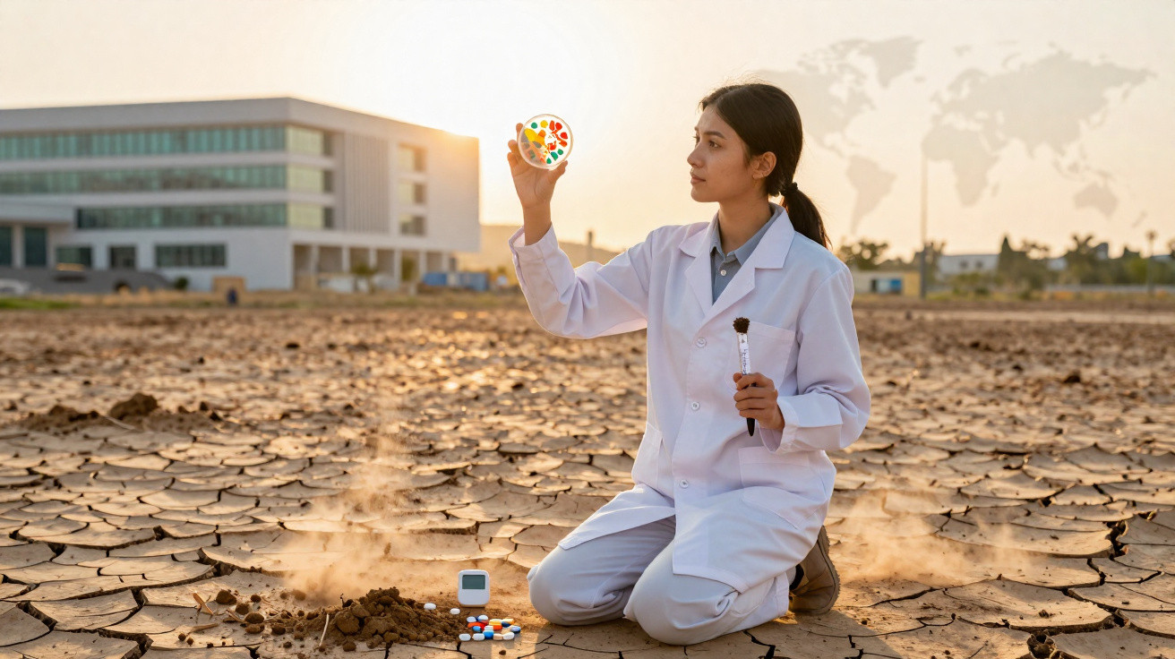 Scientifique en blouse blanche examine un échantillon en milieu désertique terre craquelée au coucher du soleil.