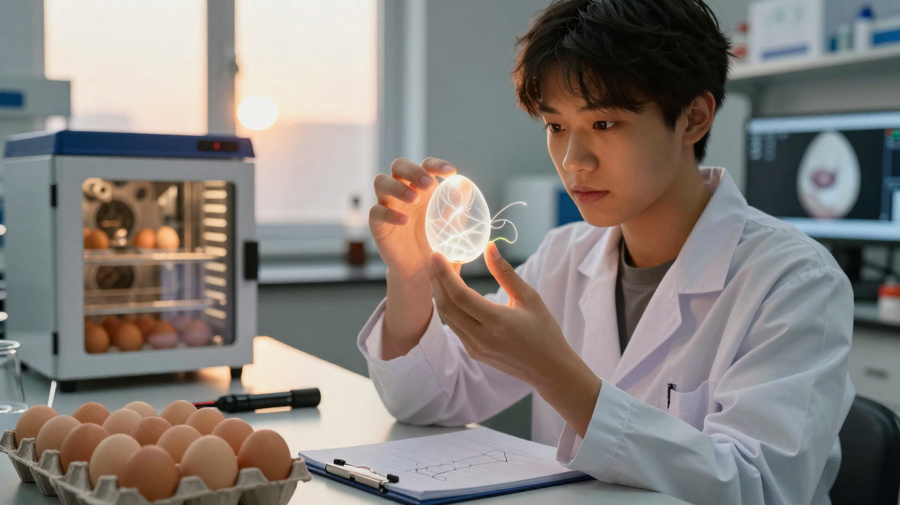 Jeune scientifique en blouse blanche examinant un œuf lumineux dans un laboratoire aux œufs frais.