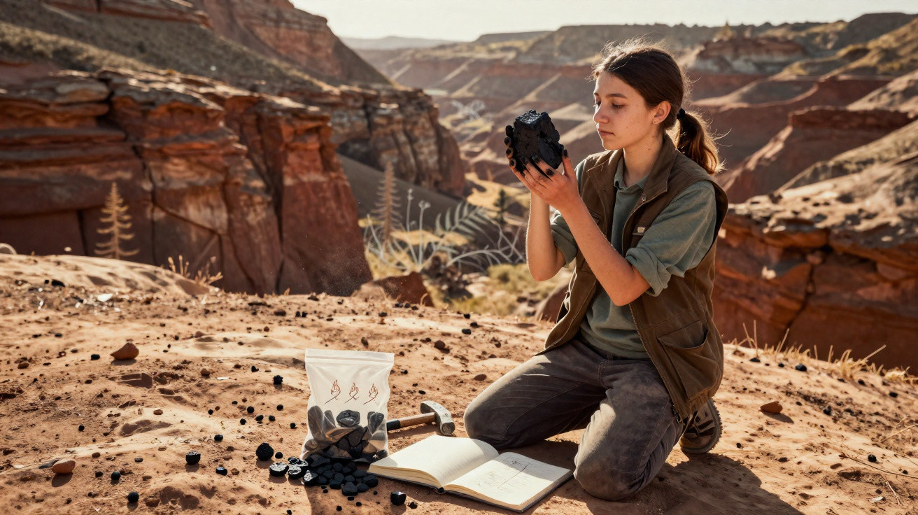 Jeune femme étudiant une roche noire assise dans un paysage désertique et rocheux avec un carnet ouvert et outils.
