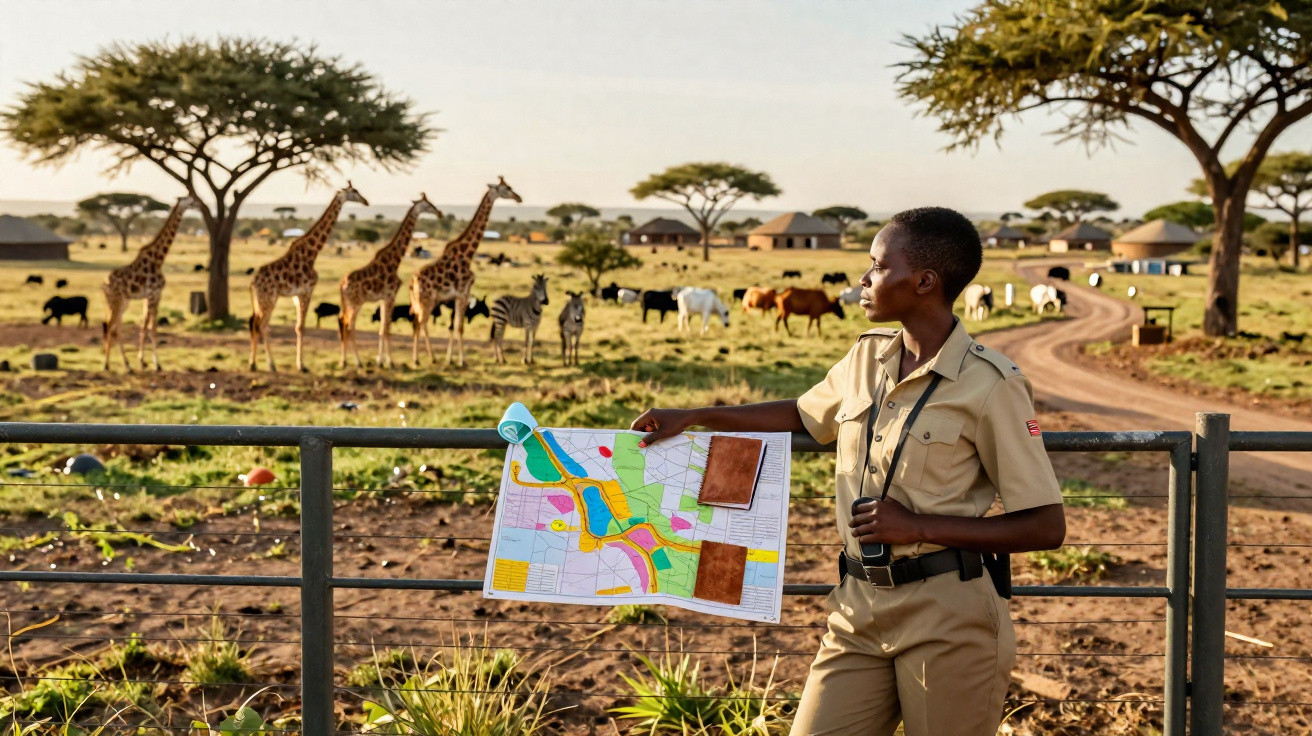 Personne en uniforme tenant une carte devant une réserve animale avec girafes et zèbres au loin.