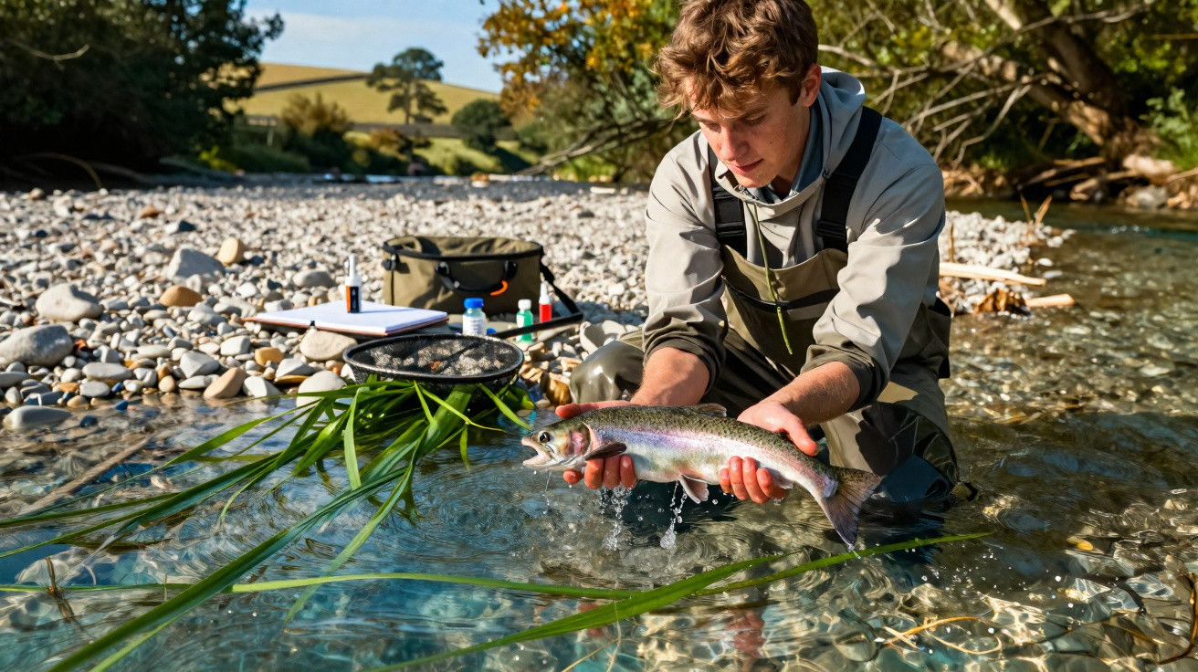 Jeune homme en waders tenant une truite arc-en-ciel au bord d'une rivière claire avec équipement sur les pierres.