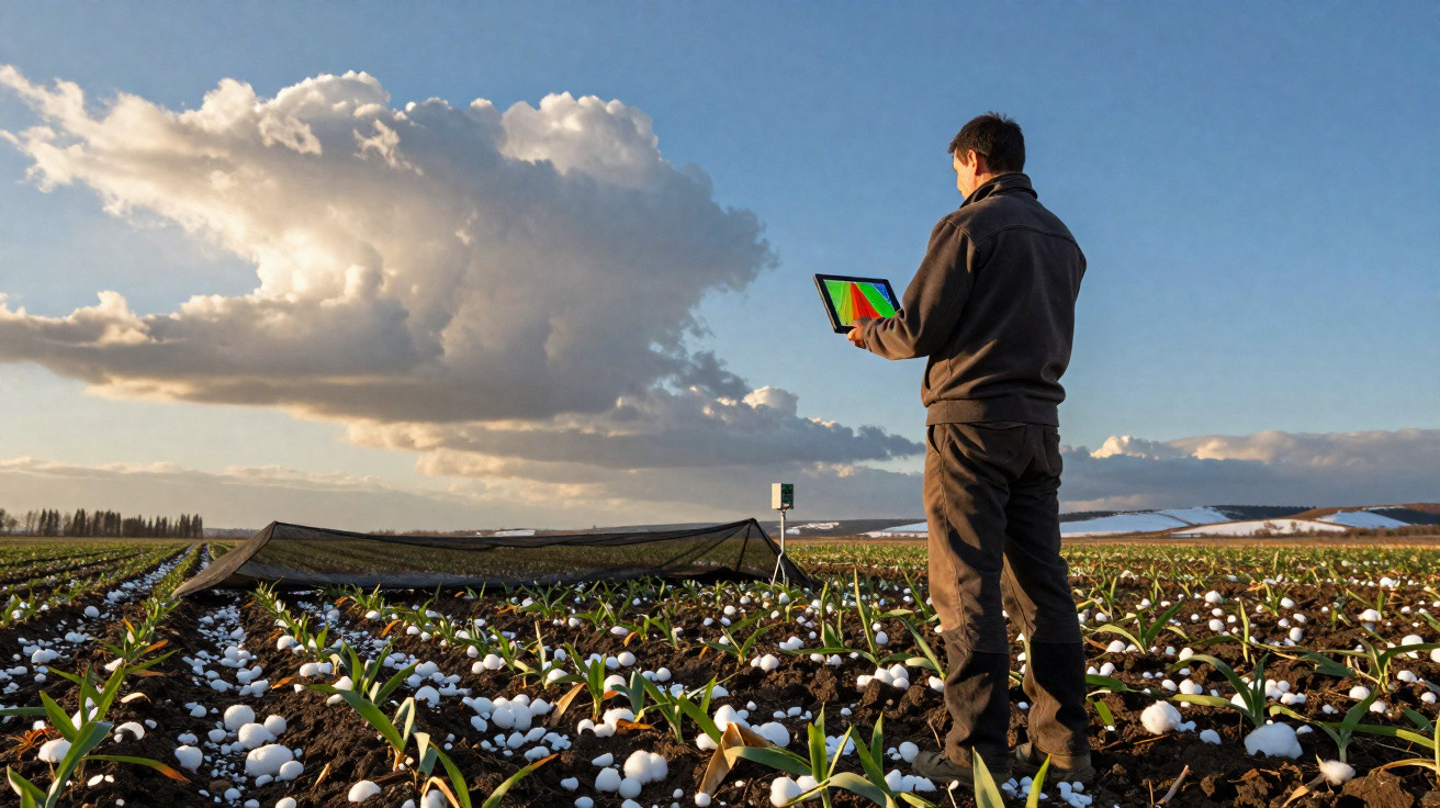 Homme avec tablette analysant des plants dans un champ après une tempête de grêle sous un ciel partiellement nuageux.