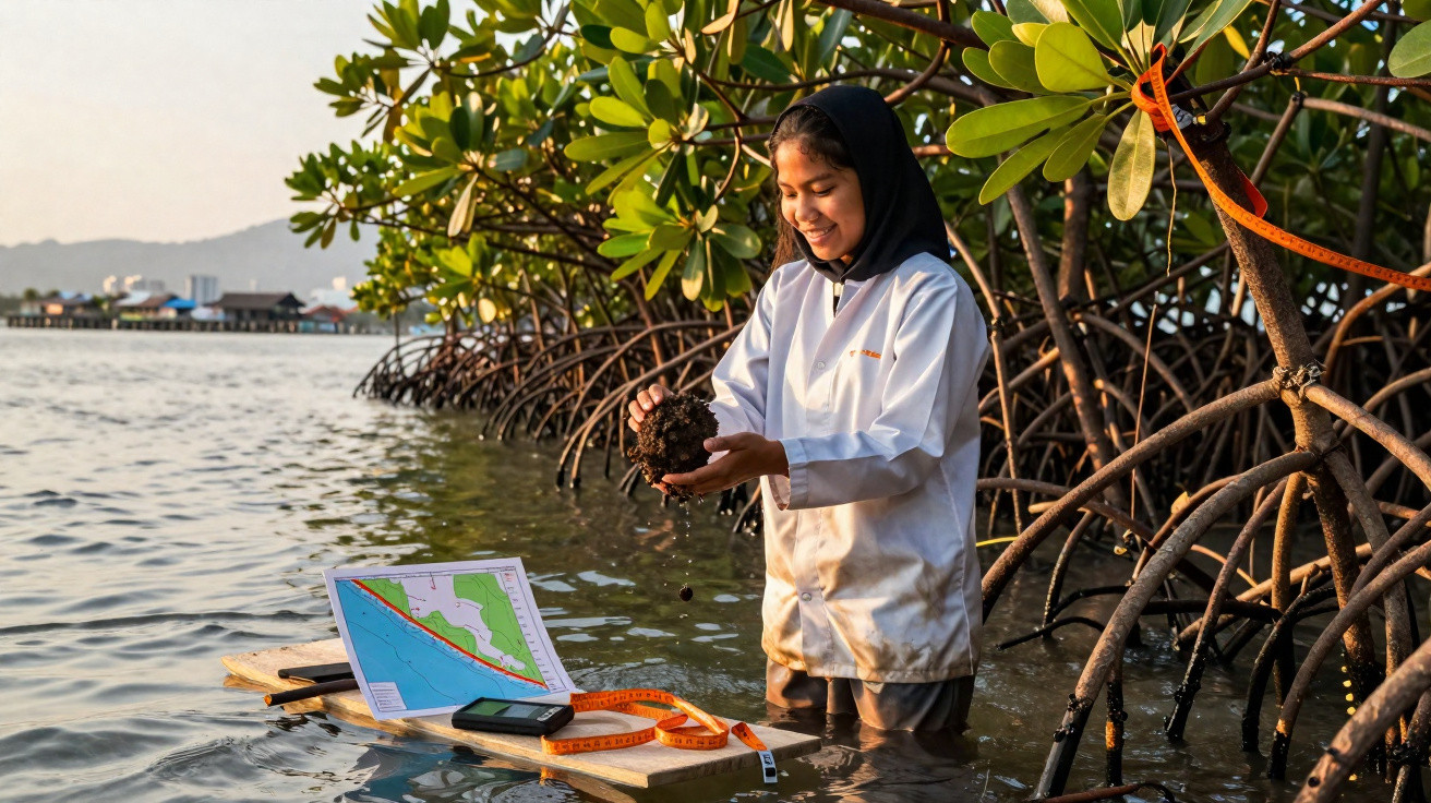Jeune femme en blouse tenant une motte de sol dans l'eau près de racines de mangrove, avec matériel de recherche.