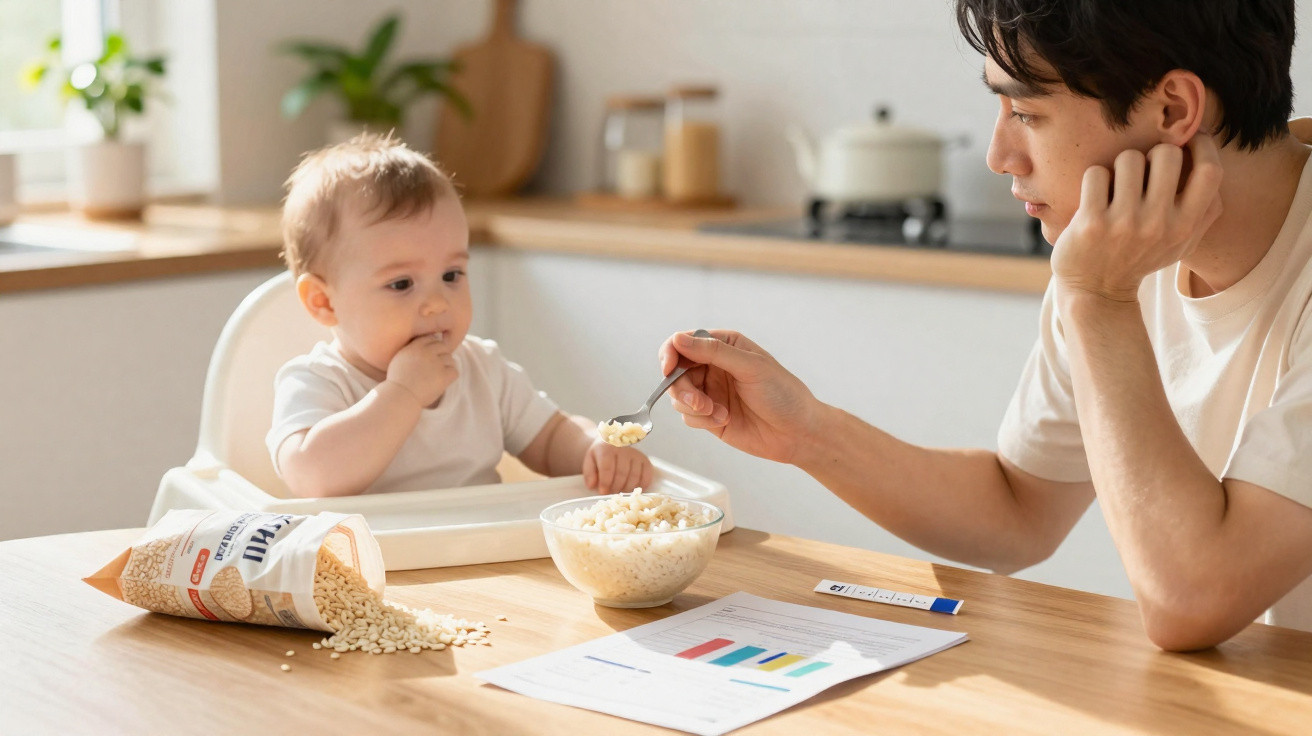 Un père nourrit son bébé assis dans une chaise haute à table avec un bol de riz et des documents.