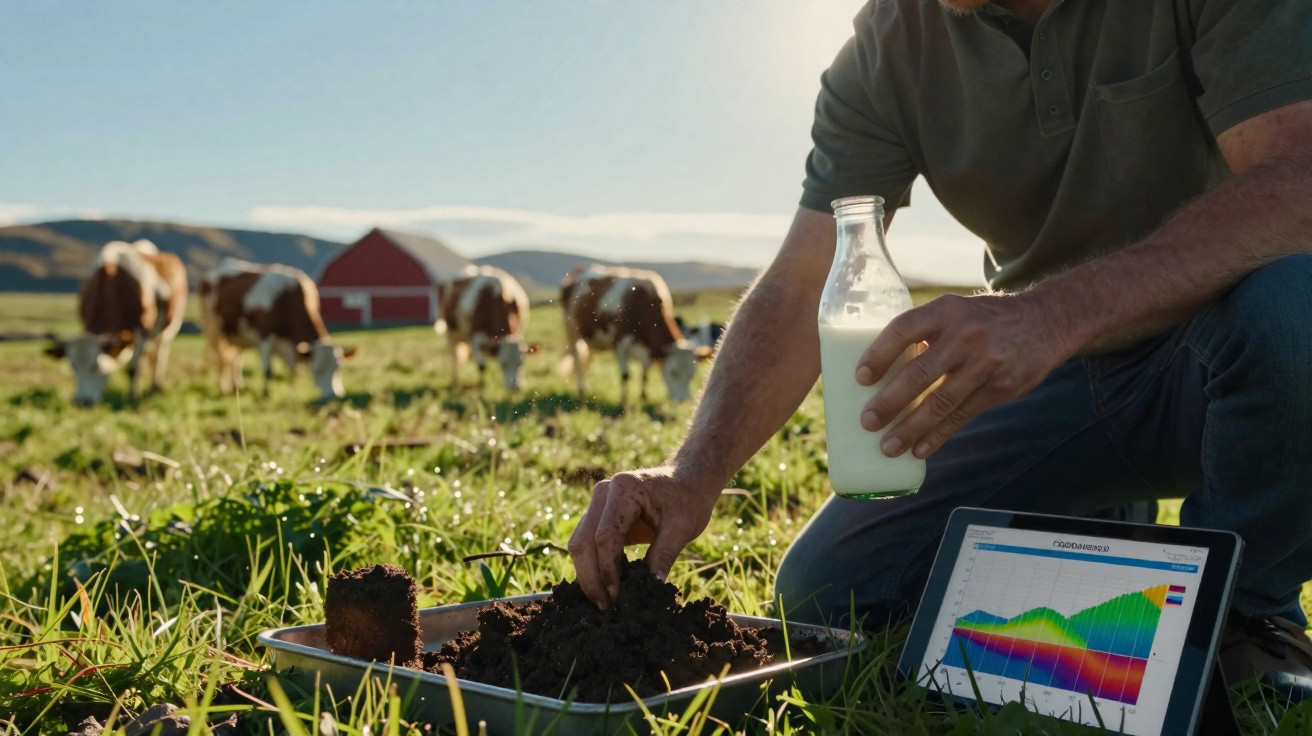 Agriculteur analyse la qualité du sol avec un échantillon, une tablette et une bouteille de lait dans un pré avec des vaches.