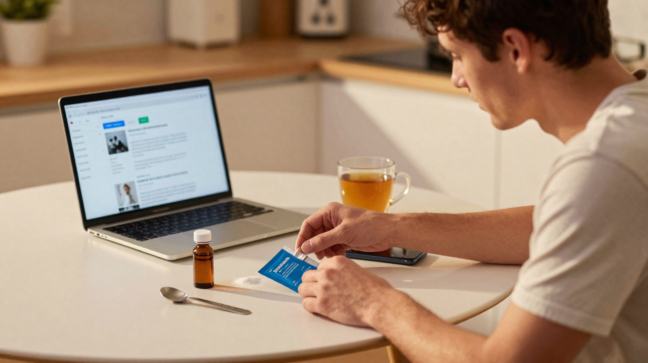 Homme assis à une table ouvrant un sachet de médicament avec un ordinateur portable et une tasse de thé devant lui.