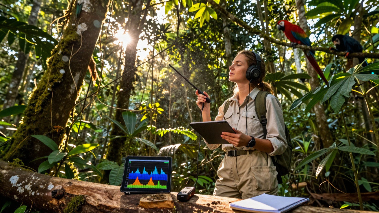 Chercheuse en forêt tropicale utilisant un équipement d'enregistrement sonore avec oiseaux exotiques en arrière-plan.