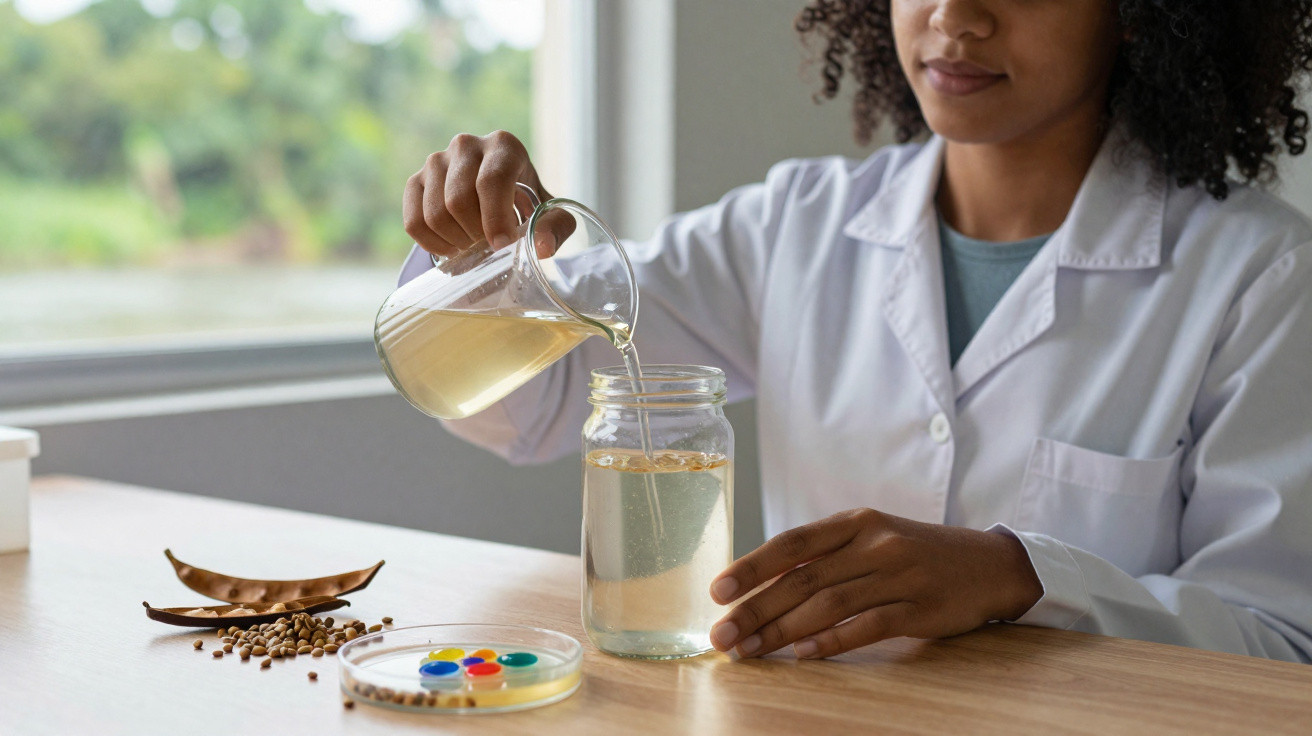 Personne en blouse blanche versant un liquide clair dans un bocal, graines et boîte de Pétri colorée sur la table.