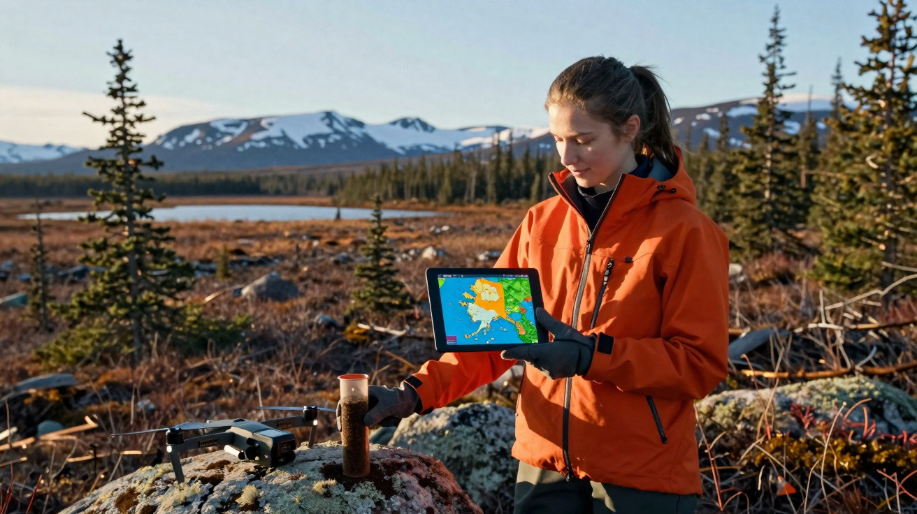 Femme en veste orange tenant une tablette affichant une carte, dans un paysage naturel avec drone posé sur un rocher.