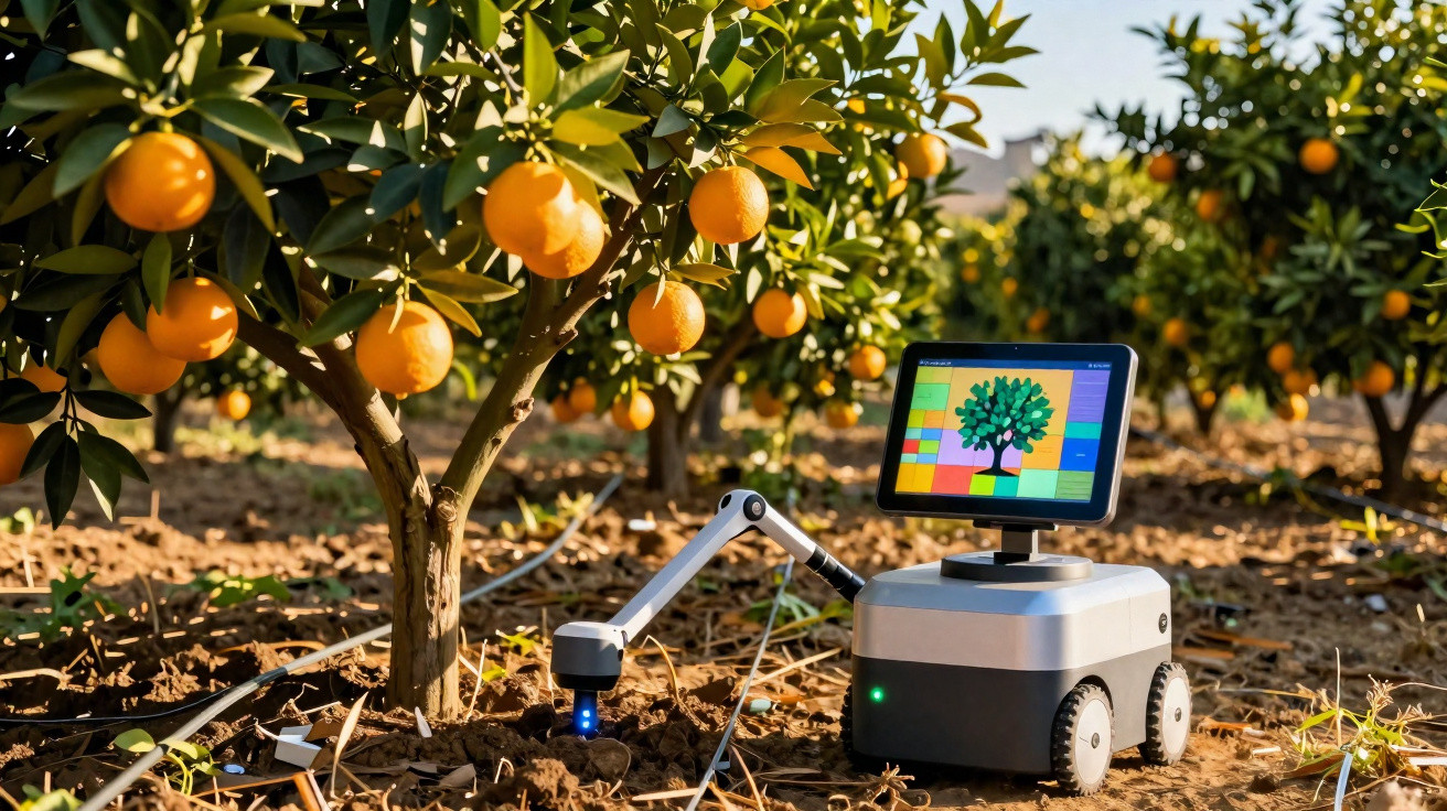 Robot agricole avec écran coloré analysant le sol sous un oranger dans un verger ensoleillé.