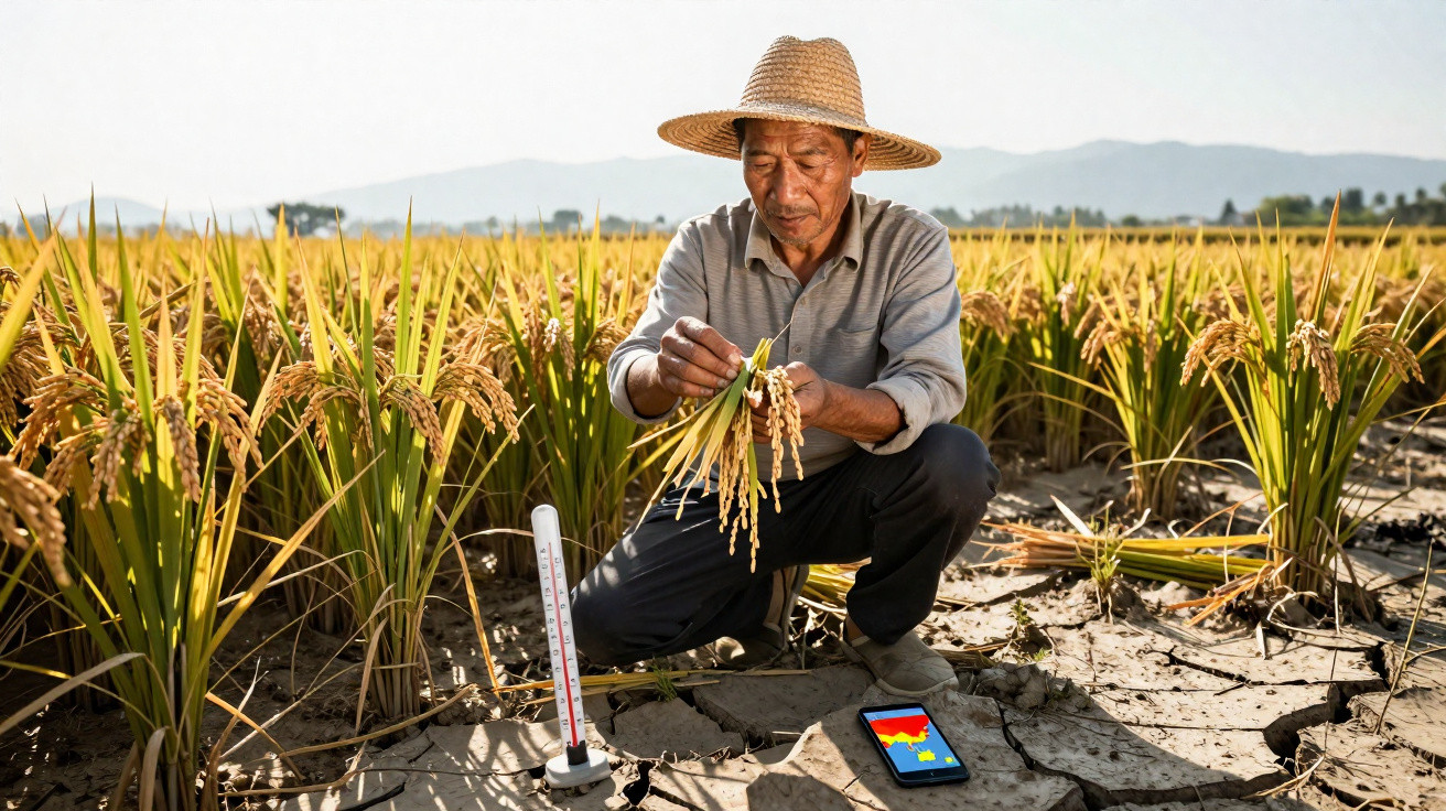Agriculteur asiatique portant un chapeau inspecte les plants de riz dans un champ sec avec un thermomètre et un téléphone.