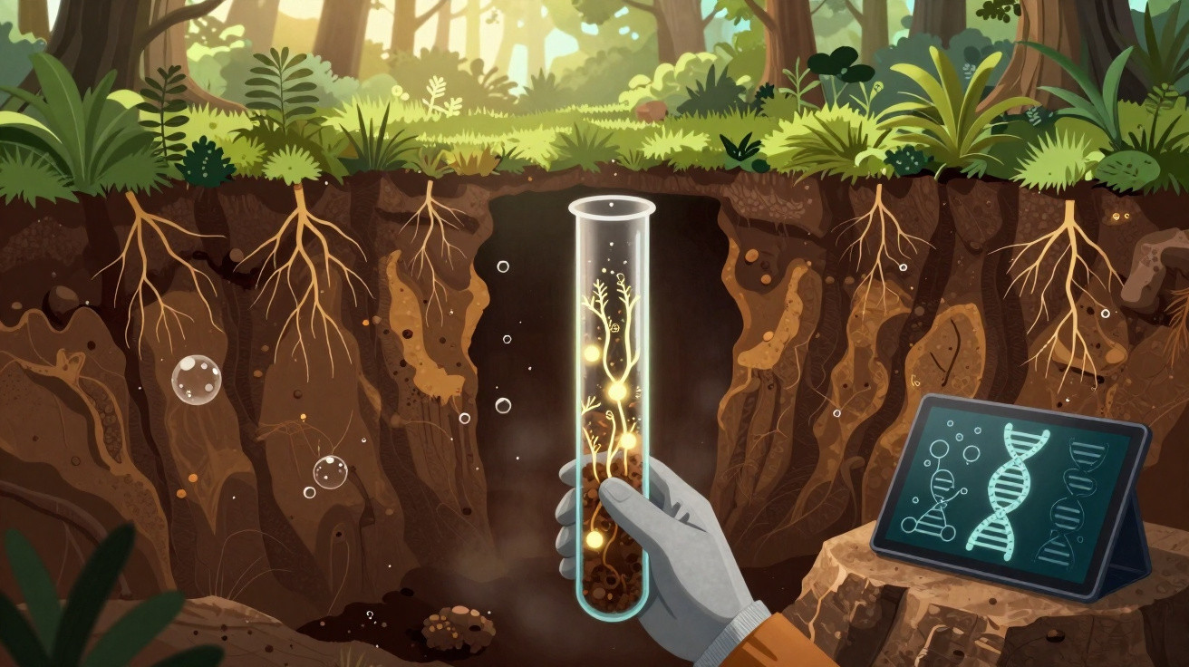 Main gantée tenant une éprouvette avec des racines lumineuses sous terre, à côté d'une tablette affichant de l'ADN.