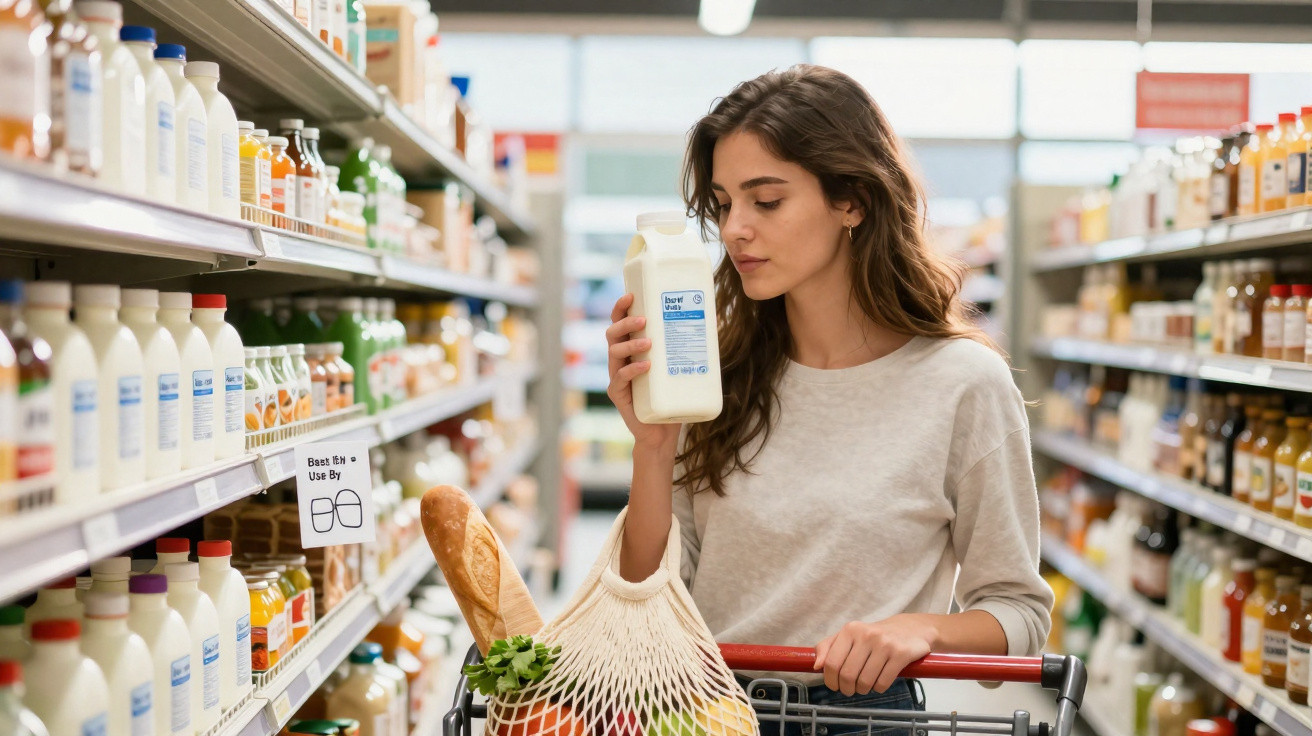 Jeune femme dans un supermarché tient une bouteille de lait près du visage, avec un chariot rempli de courses.