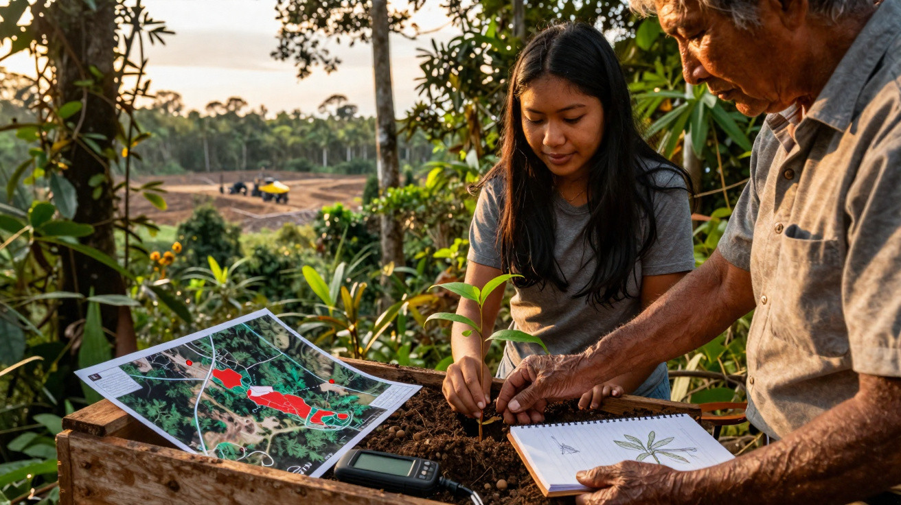 Une femme et un homme plantent un jeune arbre, avec cartes et carnet botanique à l'extérieur.