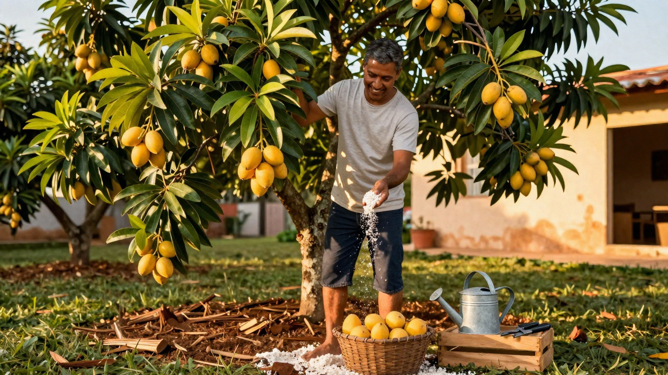 Homme récoltant des fruits jaunes sous un arbre dans un jardin avec un panier et un arrosoir à ses côtés.