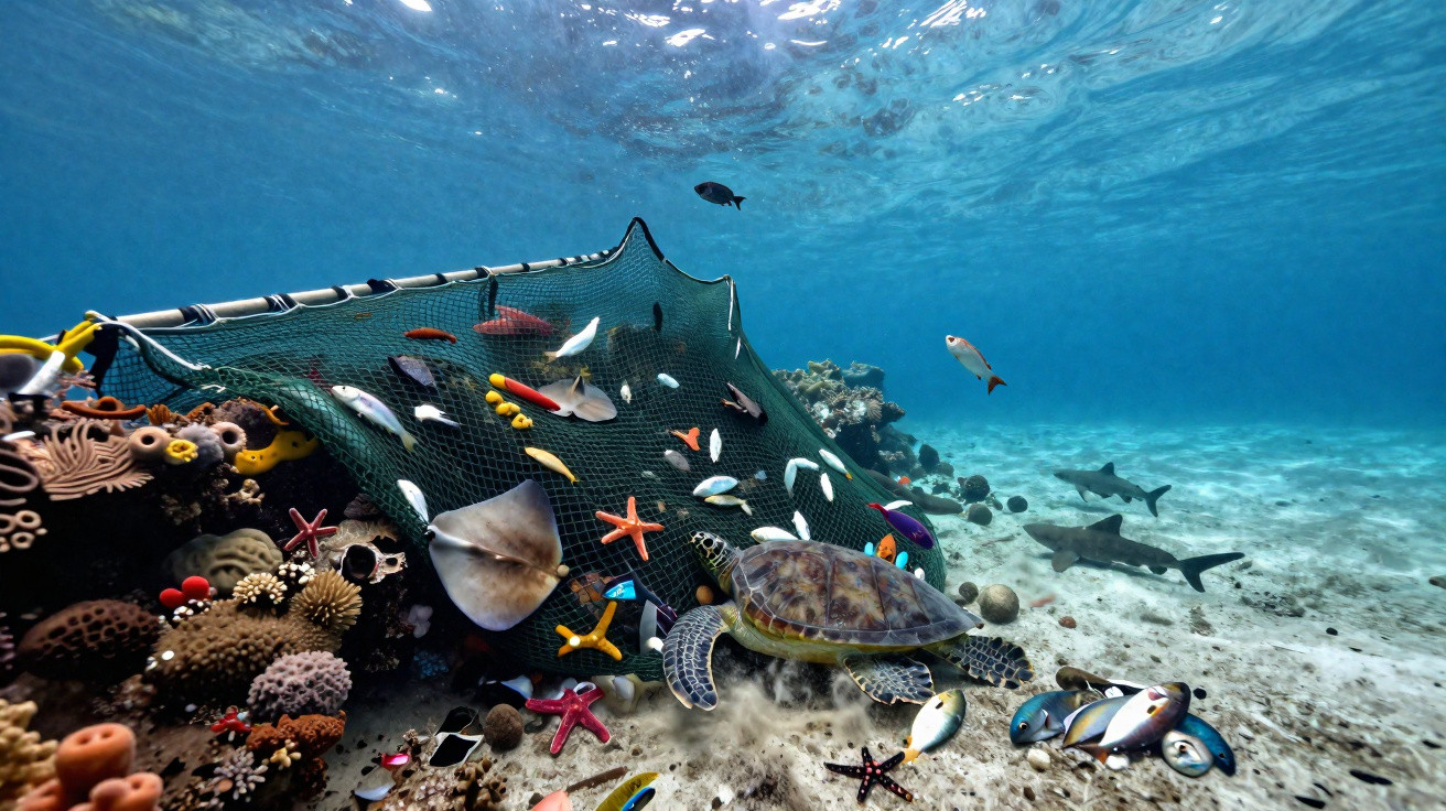 Filet de pêche sous-marin emprisonnant poissons, tortue, raie et requins sur un fond océanique corallien.