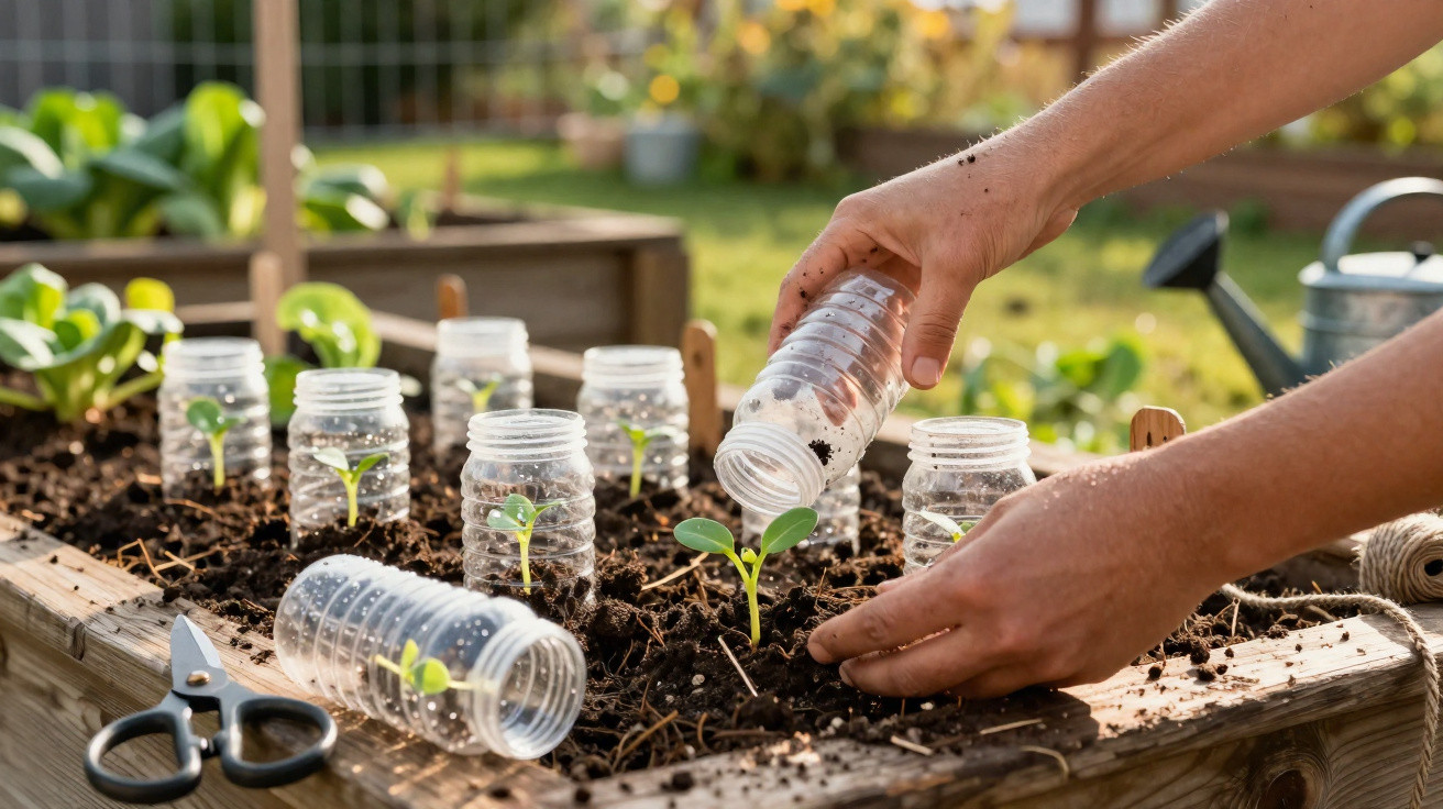 Mains plantant des jeunes pousses dans un potager avec des bouteilles en plastique coupées pour protéger les semis.