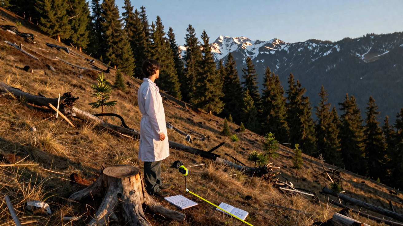 Personne en blouse blanche debout sur une pente forestière face à des montagnes enneigées au coucher du soleil.
