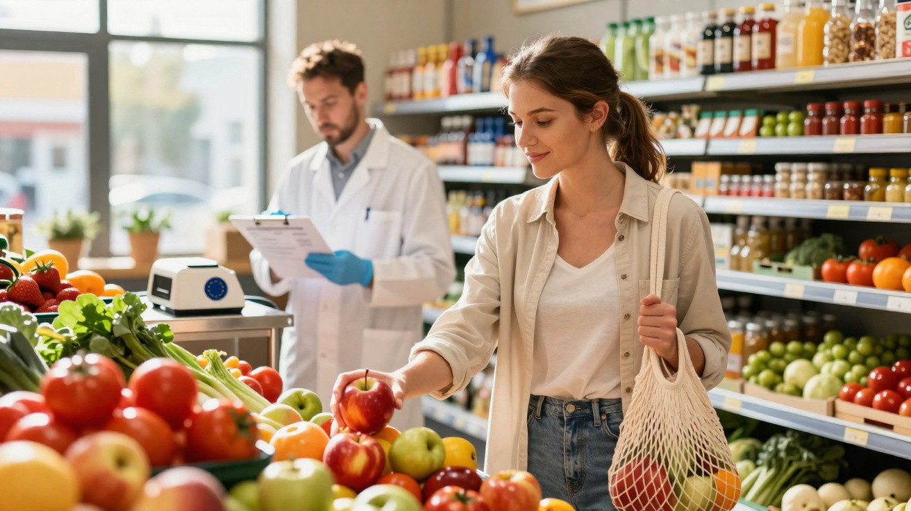 Femme choisissant des pommes au rayon fruits d'une épicerie, avec vendeur en blouse blanche en arrière-plan.