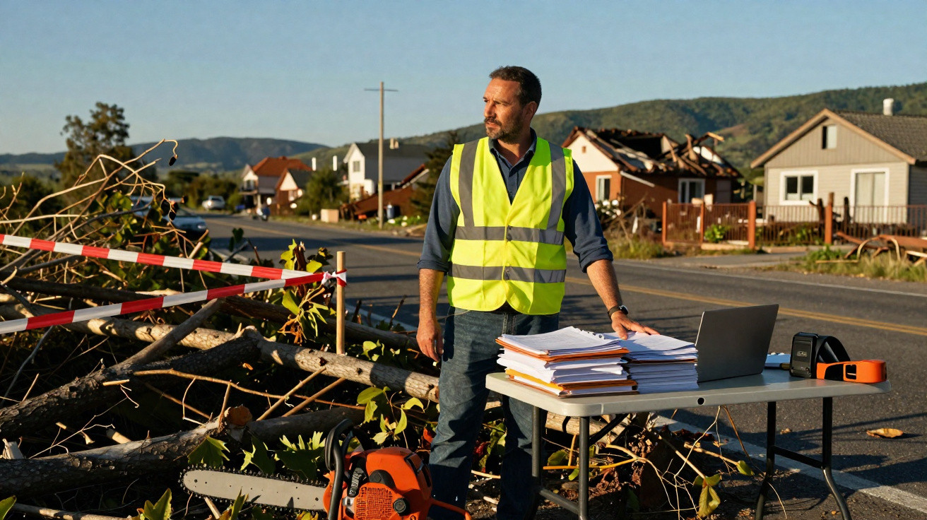 Homme en gilet jaune debout près d’une table avec dossiers et ordinateur devant des arbres abattus sur une route.