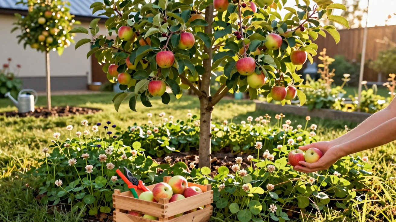 Pommiers dans un jardin ensoleillé avec des pommes rouges cueillies et posées dans une caisse en bois.