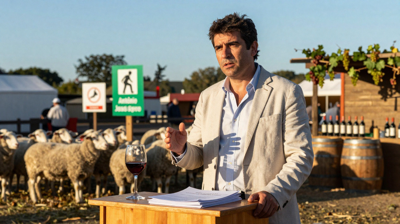 Homme en veste beige parle derrière un pupitre en bois avec un verre de vin, moutons et panneaux en arrière-plan.